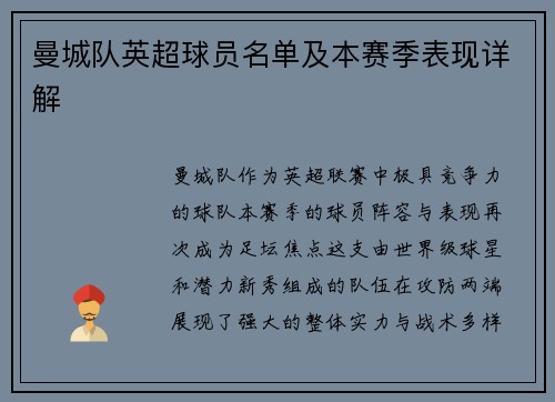 曼城队英超球员名单及本赛季表现详解